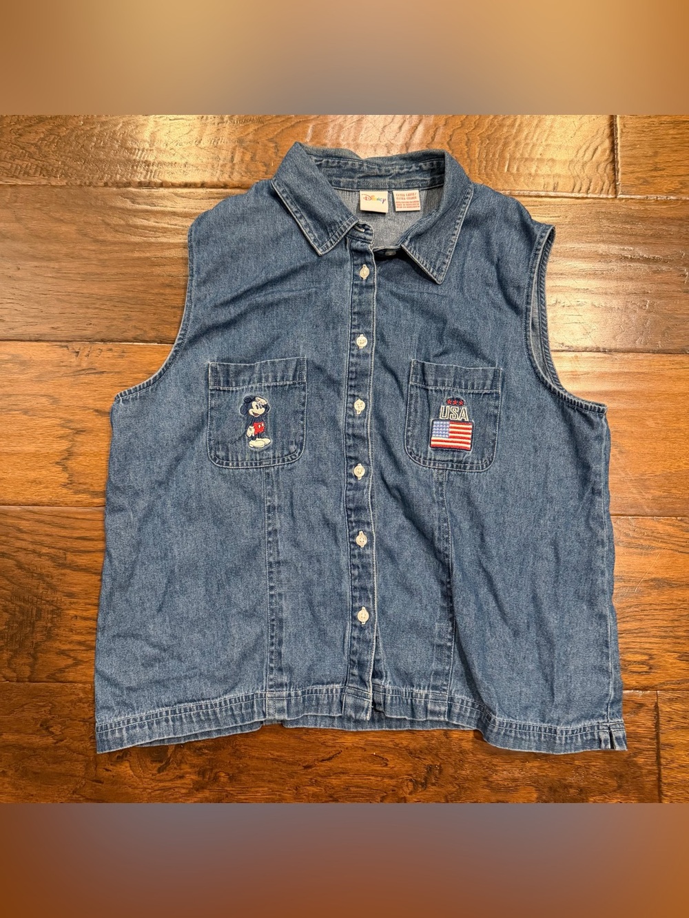 Disney Mickey Mouse & Vintage Denim Vest Women’s XL Embroidered 90s Y2K Flag